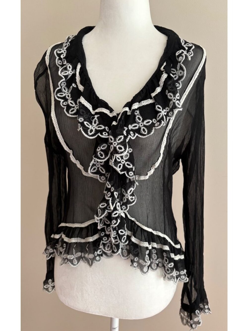 Vintage Silk Black Sheer Ruffle Whimsigoth Romantic Boho Blouse Top Medium* - Picture 2 of 12